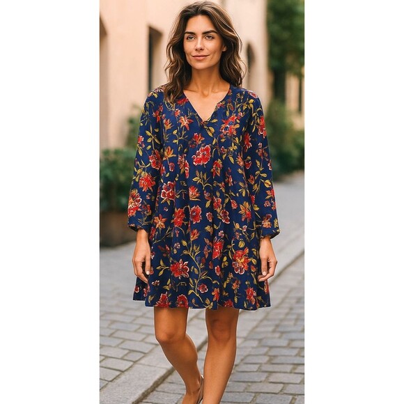 Old Navy Dress Women's Size XL Floral Print Pintuck Long Sleeve Sheath Tassels - Picture 1 of 12